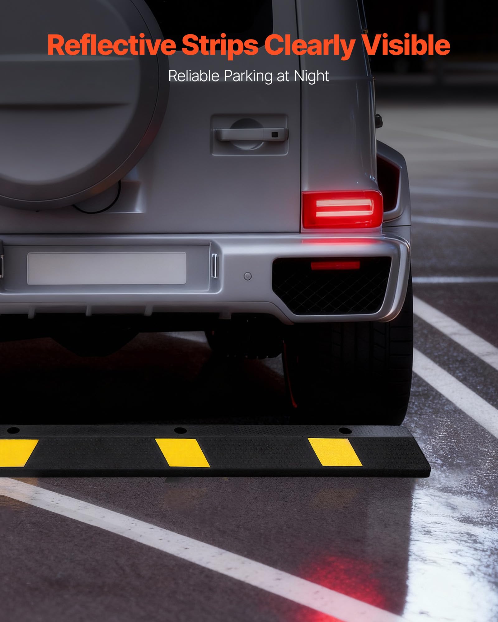 VEVOR Tope de Estacionamiento, 2 Unidades, 184 x 16 x 11 cm, Barrera de Estacionamiento de Goma con Bandas Reflectantes Brillantes, para Coches, Furgonetas y Camiones, Guía para Ruedas, Negro