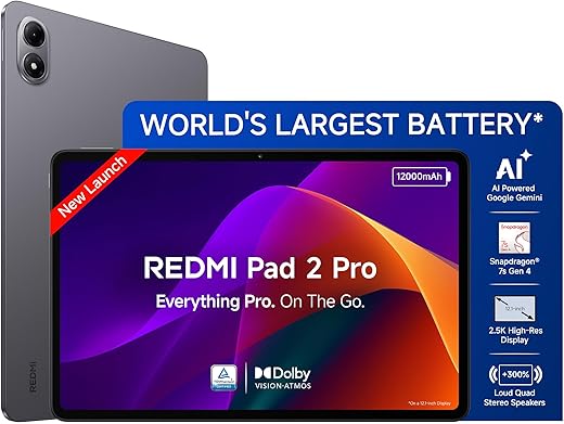 Redmi Pad 2 Pro [Smartchoice] | 12000mAh | Snapdragon 7s Gen 4 |12.1-inch, 2.5K Display |83+ Days Standby |HyperOS 2 |120Hz| Dolby Vision Atmos | Wi-Fi 6| AI Powered | 8GB,128GB |Graphite Grey
