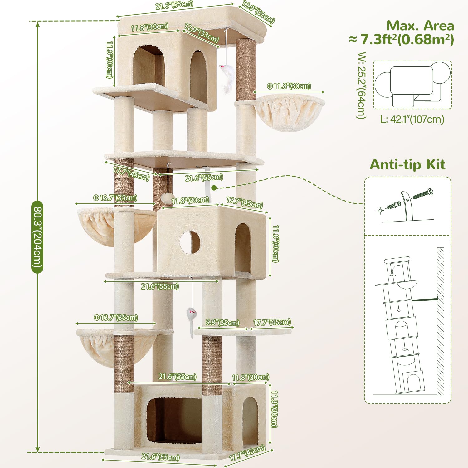 Globlazer Arbre à Chat Beige XXL Hauteur 204 cm avec 3 Niches, 2 Grande Plateforme, 3 Doux Paniers, Arbre a Chat Stable pour Gros Chats Adulte Grimpent Reposent Jeu Escalade Intérieur (F80F, Beige)