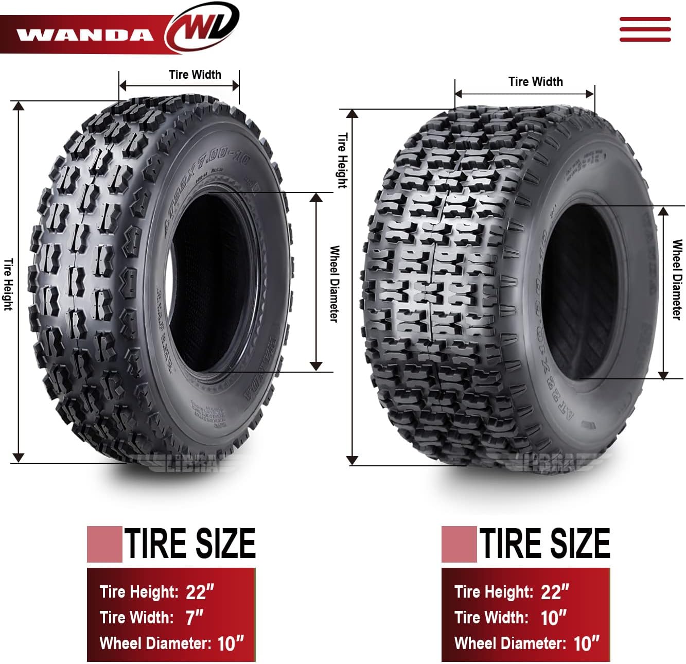 WANDA 22x7-10 & 22x10-10 Full Set Yamaha Timberwolf 250 Beartracker Sport ATV Tires