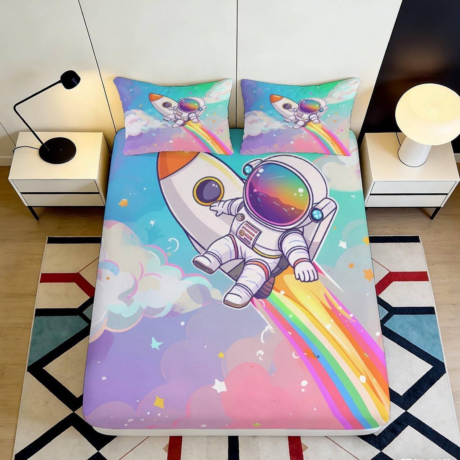 Pnayamiorkfel Style-9 3D Printed Rainbow Rocket Fitted Sheet Microfiber Astronaut Dream Mattress Cover Colorful Bedding For Bedroom Dorm Decor 90X200x25cm