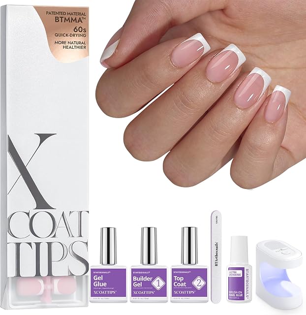 BTArtboxnails XCOATTIPS Gel Nail Kit - Short Squre French Tip Press on Nails Kit, Pink Soft Gel Nail Tips with Nail Gel, French Protecing Duo and Nail Lamp for Gift Home DIY