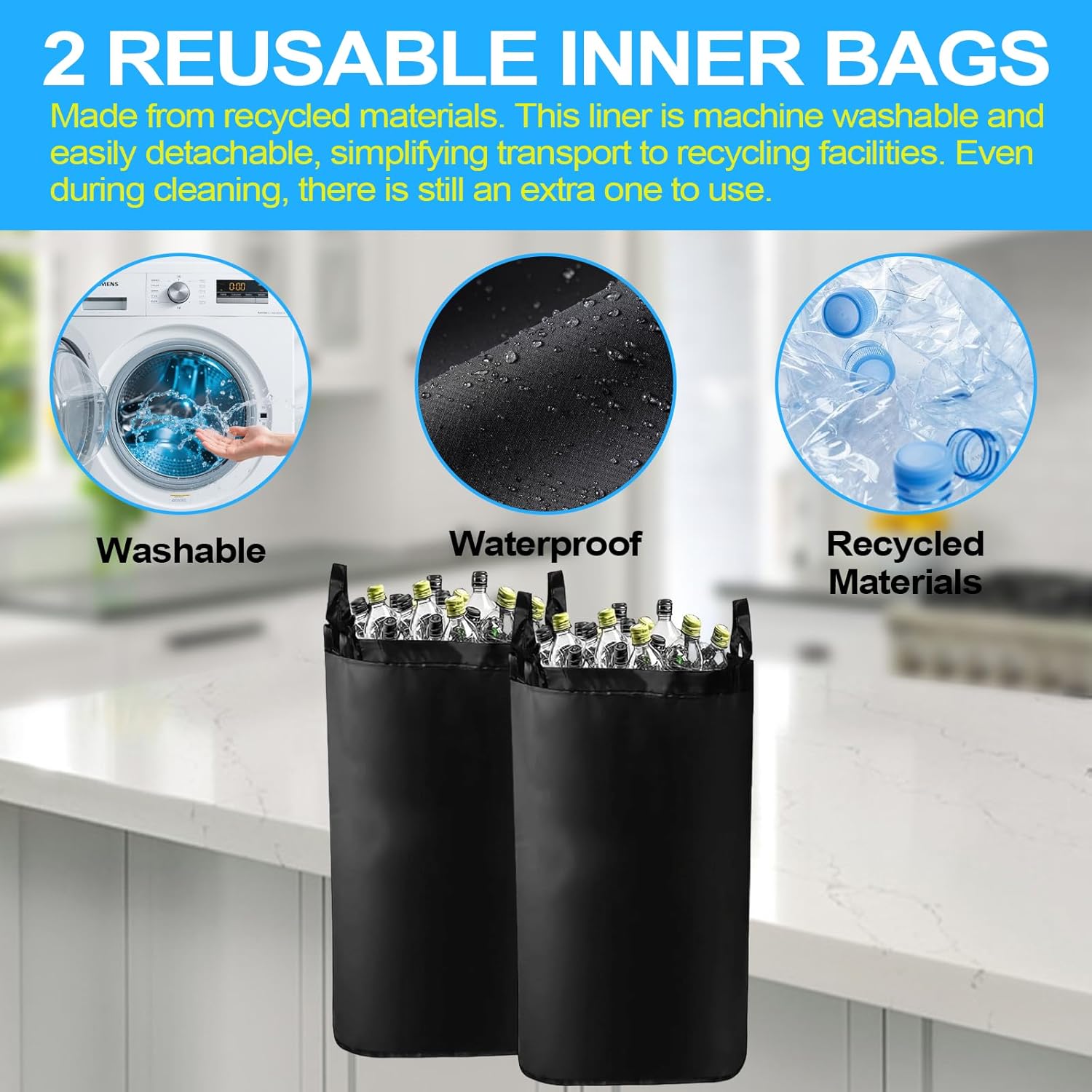 Recycling Bins for Kitchen, 26 Gallon (100L) Recycle Bin with lid, Indoor Oxford Fabric Recycling Trash Can with 2 Pack Removeable and Reusable Inner Bags for Bottle,Can, Glass, Plastic, Sticker, Blue