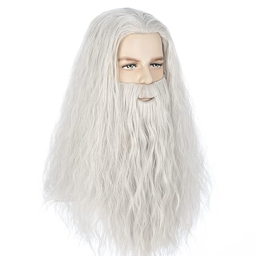 Miniatura 2 de MAN SI Pelucas y barba grises plateadas, peluca larga ondulada de mago para hombres, peluca de disfraz de Halloween