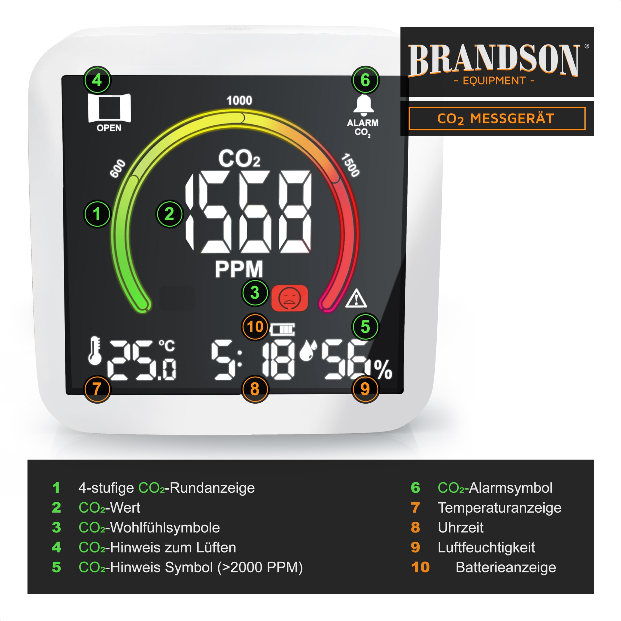 Brandson CO2 Melder Messgerät Luftqualitätsprüfer Kohlenstoffdioxid Sensor PPM Anzeige Alarm Thermometer Hygrometer