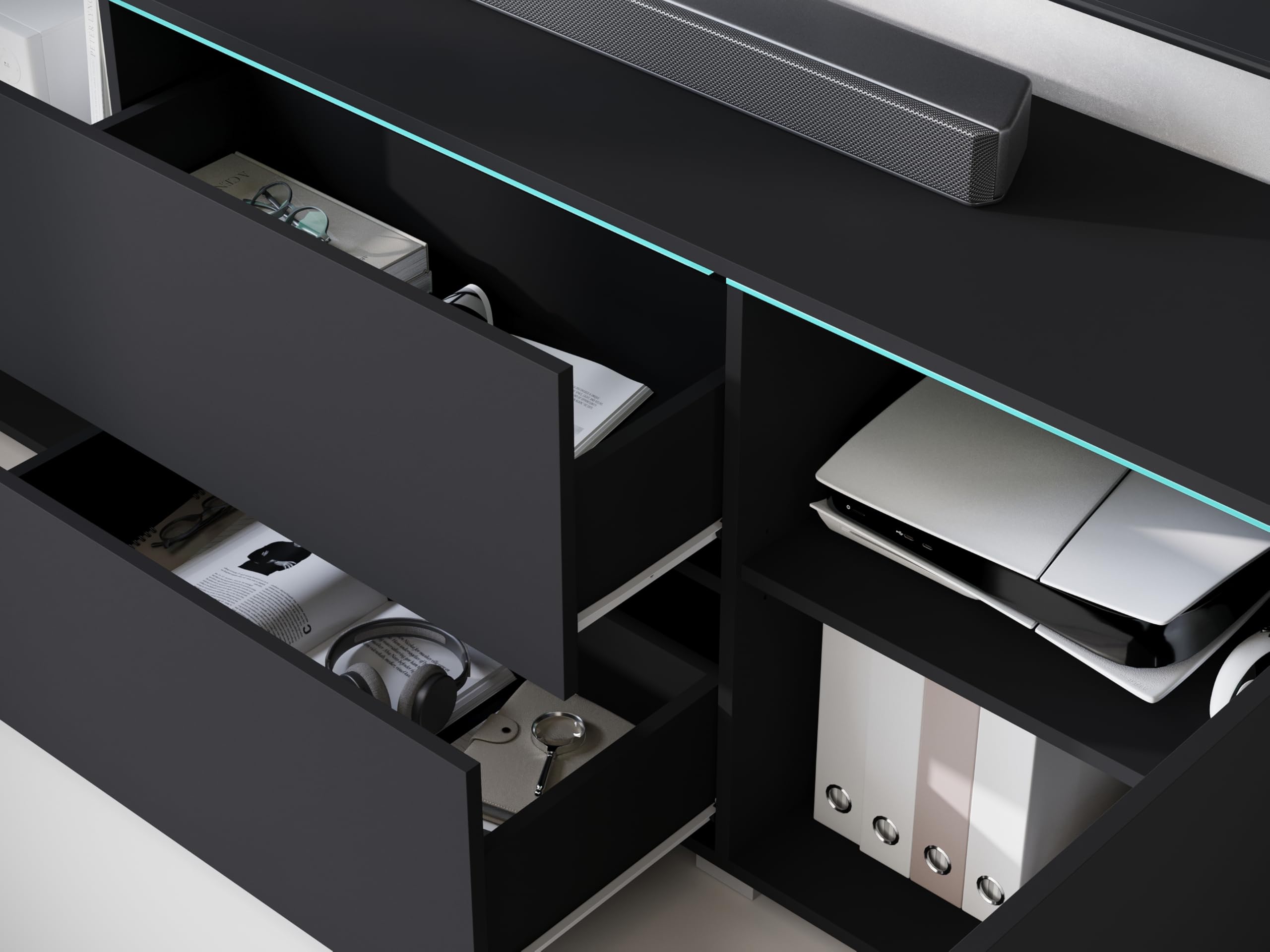 Buffet pour salon Vera 181, meuble TV, 2 portes, 2 tiroirs, éclairage LED en option, armoire de rangement, (LED, noir mat)