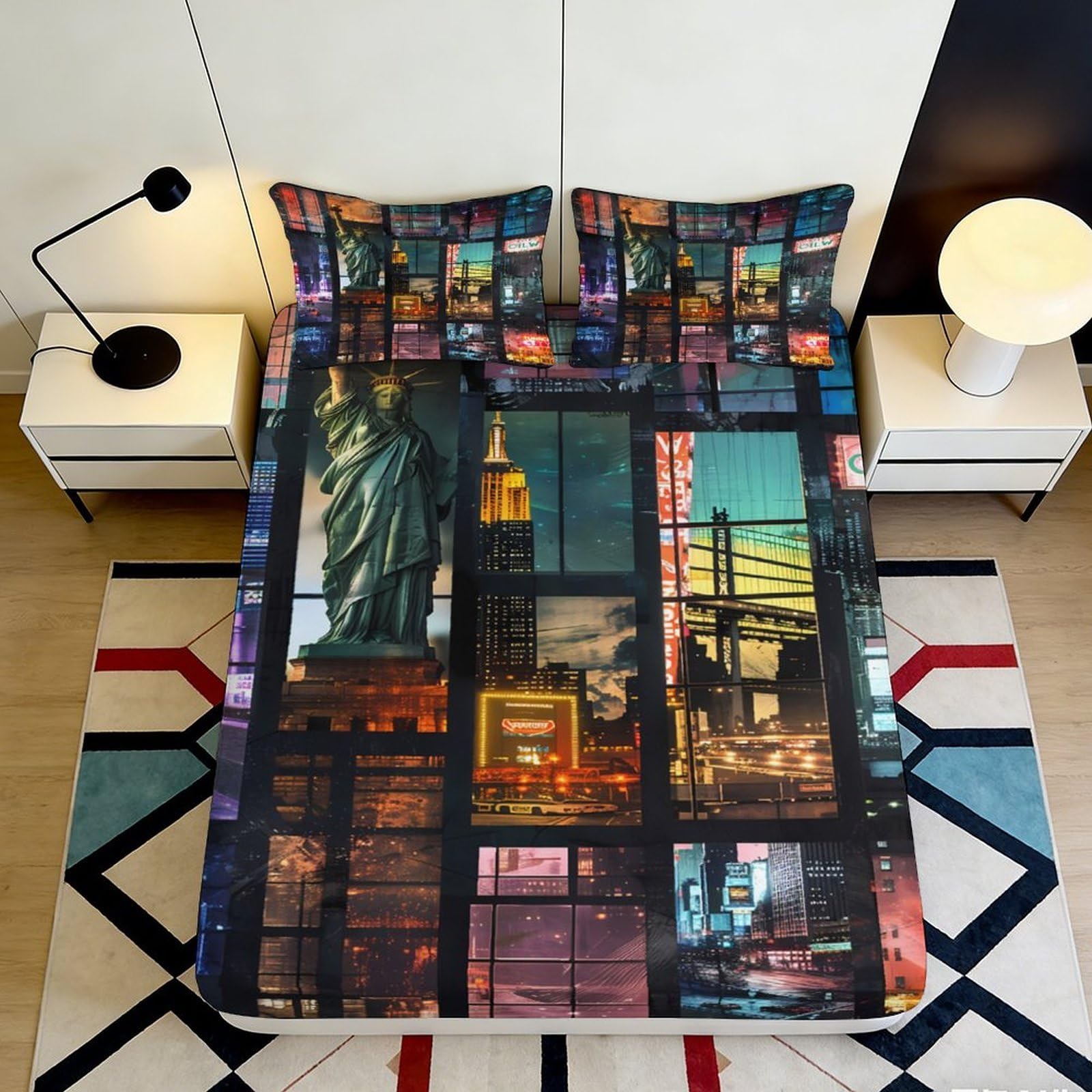 3D Printed New York City Nightscape Fitted Sheet Microfiber Urban Skyline Mattress Cover for Bedroom Dorm Decor 90x200x25cm