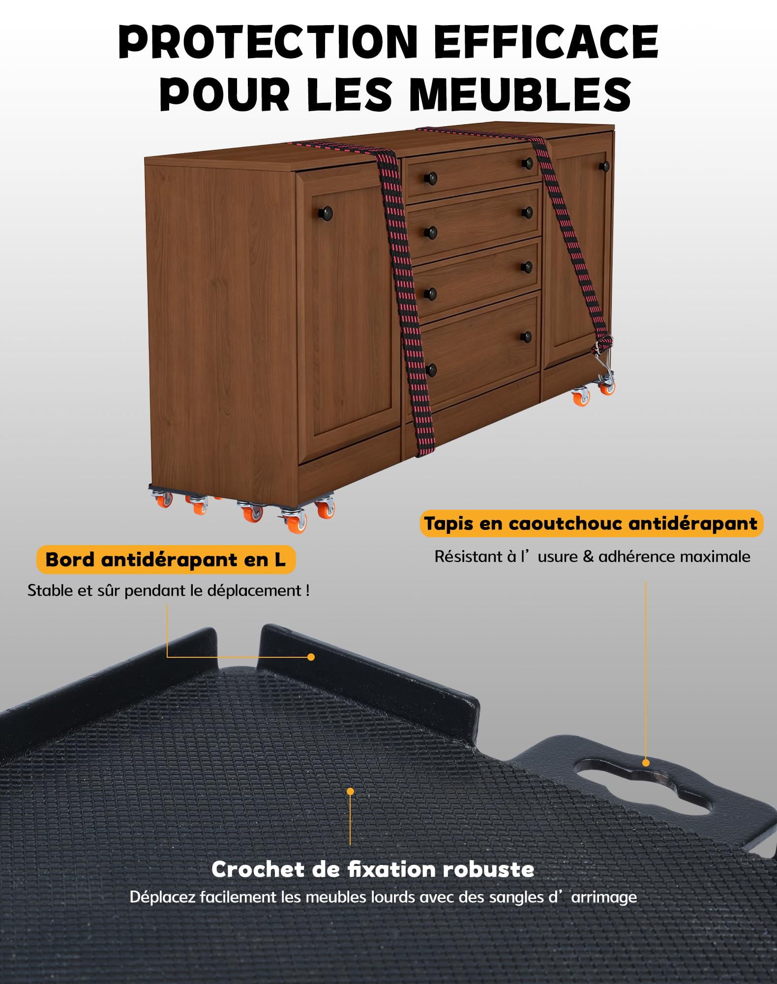 Kit de Roulettes pour Meubles, 4 Roulettes à 5 Roues avec Frein et Lève-Meuble, Charge jusqu’à 750 kg, Roulette Demenagement pour Réfrigérateur, Machine à Laver, Armoire et Canapé