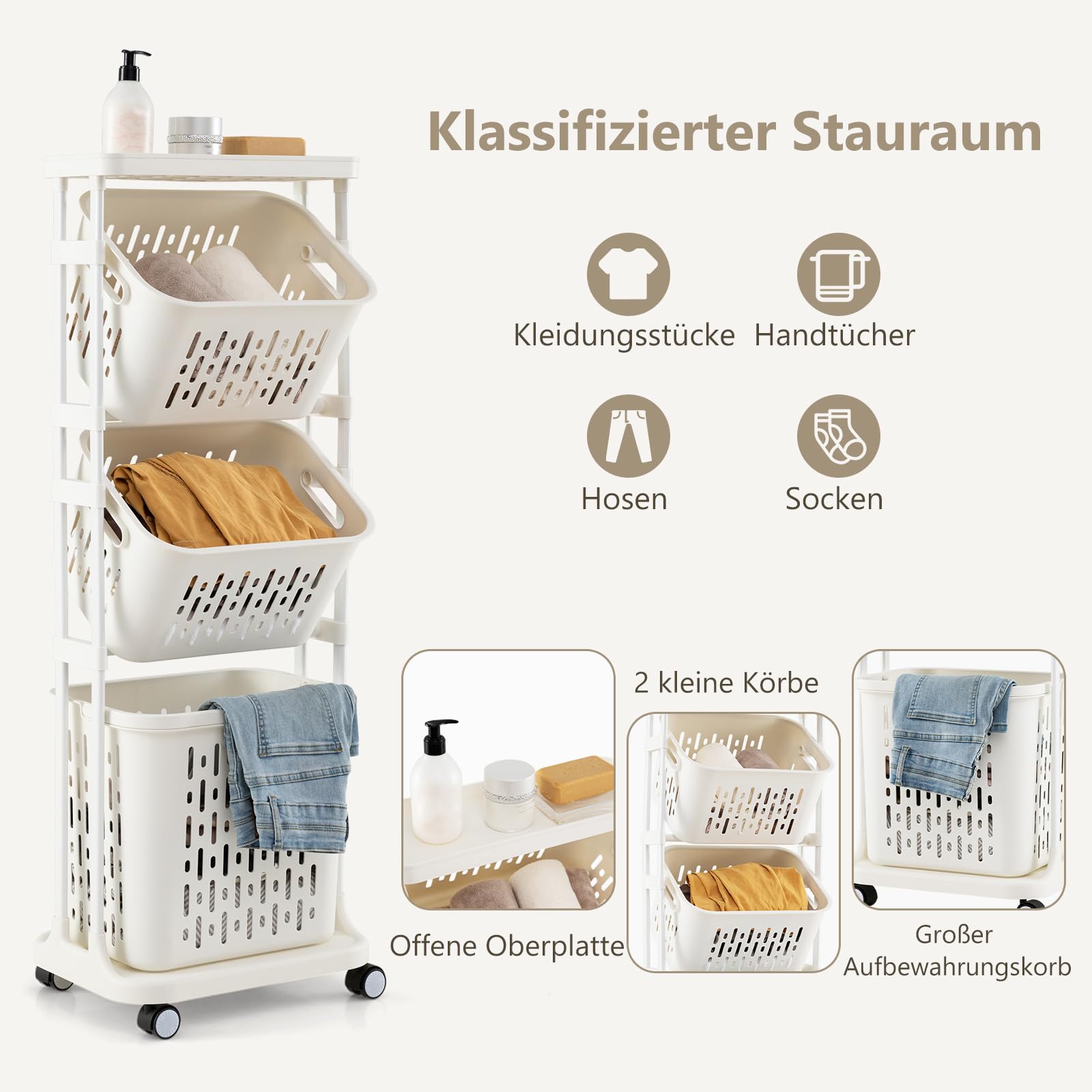 COSTWAY Wäschekorb Ständer, 72L Wäschesammler schmal 30cm breit, großer Korb mit Griff & 2 kleine Körbe mit kippbarem Design, Wäschesortierer Plastik, Rollwagen 3 Fächer, Metallrahmen, beige