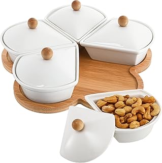 yarlung Ceramic Divided Serving Dishes with Lids and Bamboo Platter, 5 Removable Dipping Bowls Relish Tray Nuts Dishes for...
