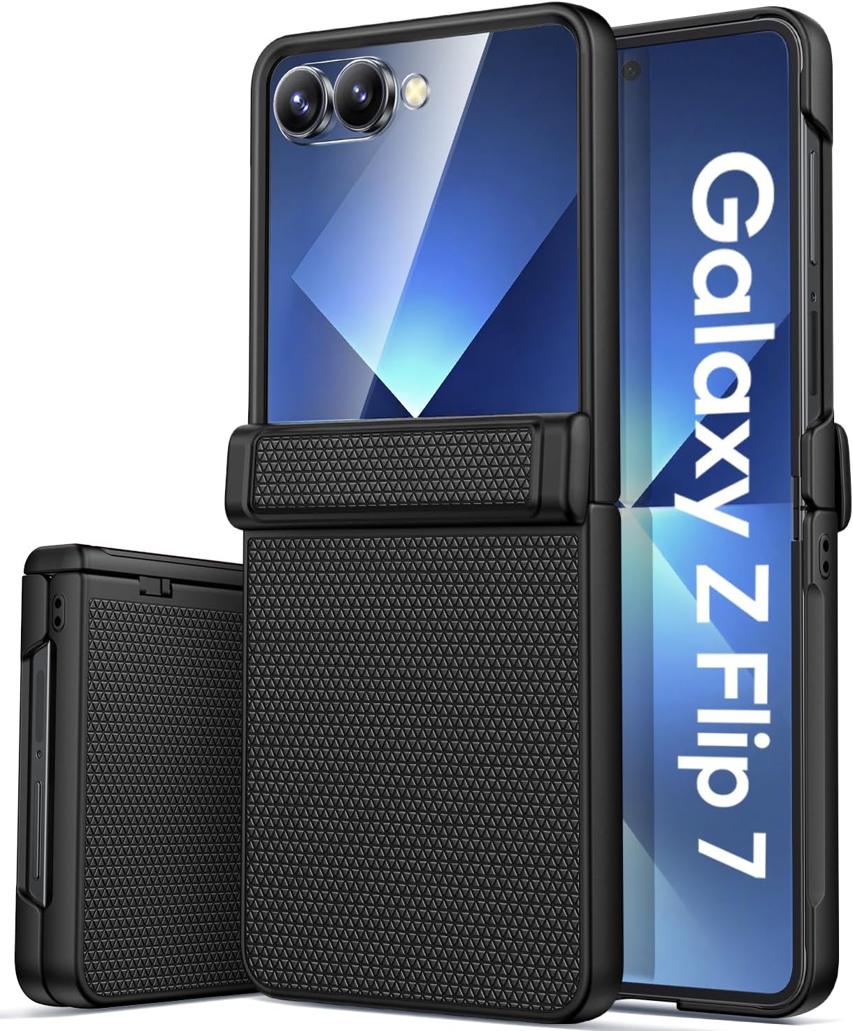 Case Samsung Galaxy Z Flip 7 Sixbox avec protecteur d&rsquo;écran extérieur, protection contre la charnière lourde, texture anti-glissement, étui en silicone amortissant pour Samsung Galaxy Z Flip 7, noir