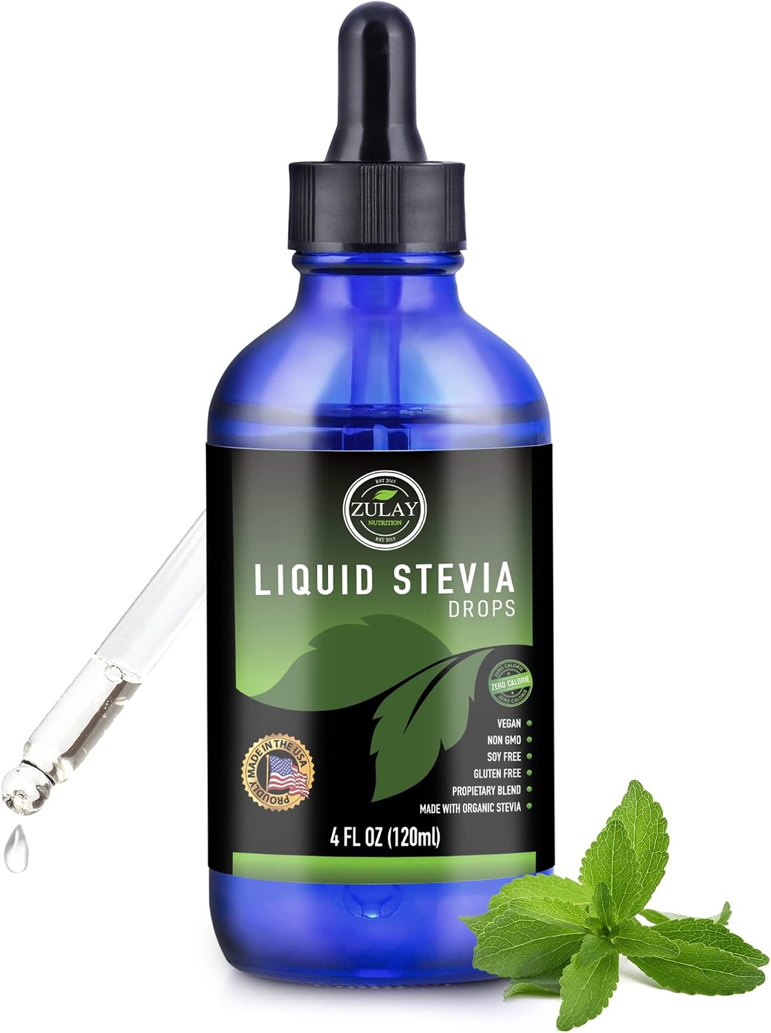 Zulay Liquid Stevia Drops - Non-Glycemic, No Calories, No Carbs - Liquid Stevia Drops for Coffee, Tea, Desserts - 4 Fl Oz