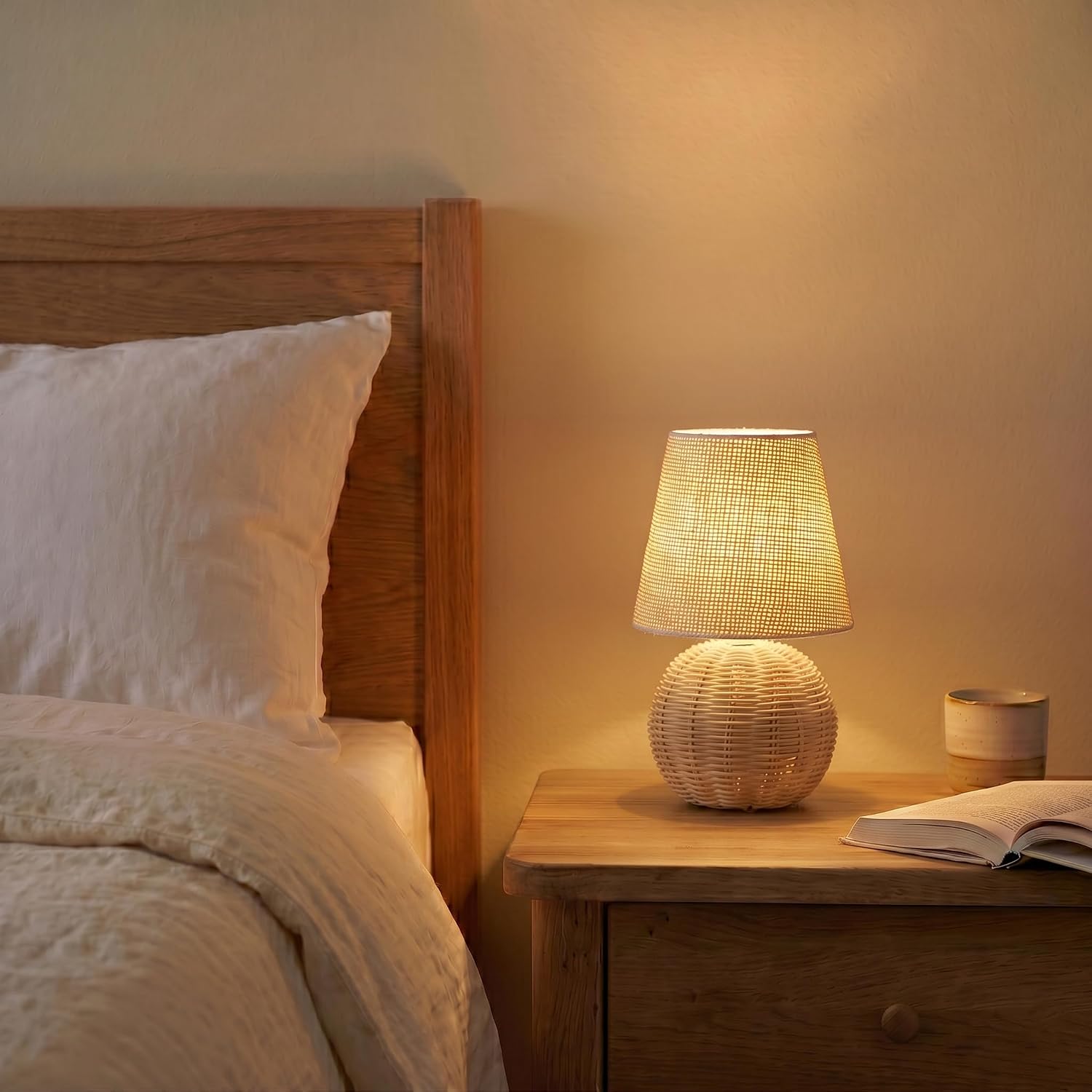 Vintage Small Wicker Lamp, Rattan Body Fabric Lampshade, Adjustable Light Color and Brightness with Power-Off Memory, Safe USB Powered, Boho Style Night Light for Bedroom Living Room (FlaxYellow)