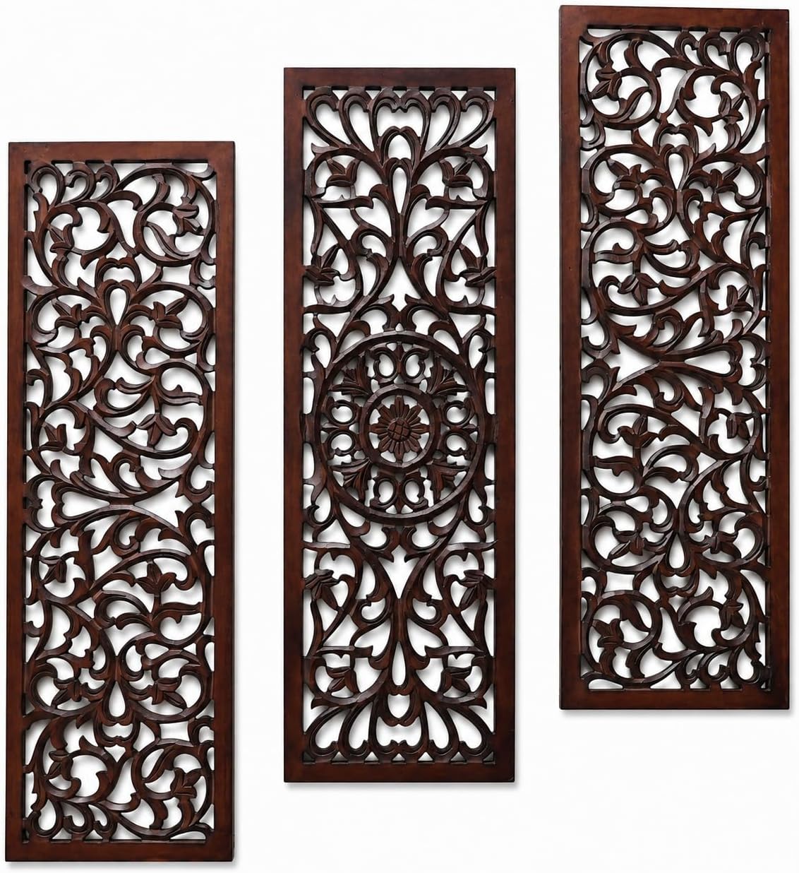 The Wooden Town Carved Wood Wall Art, Set of 3, 36x12 in, Burnt