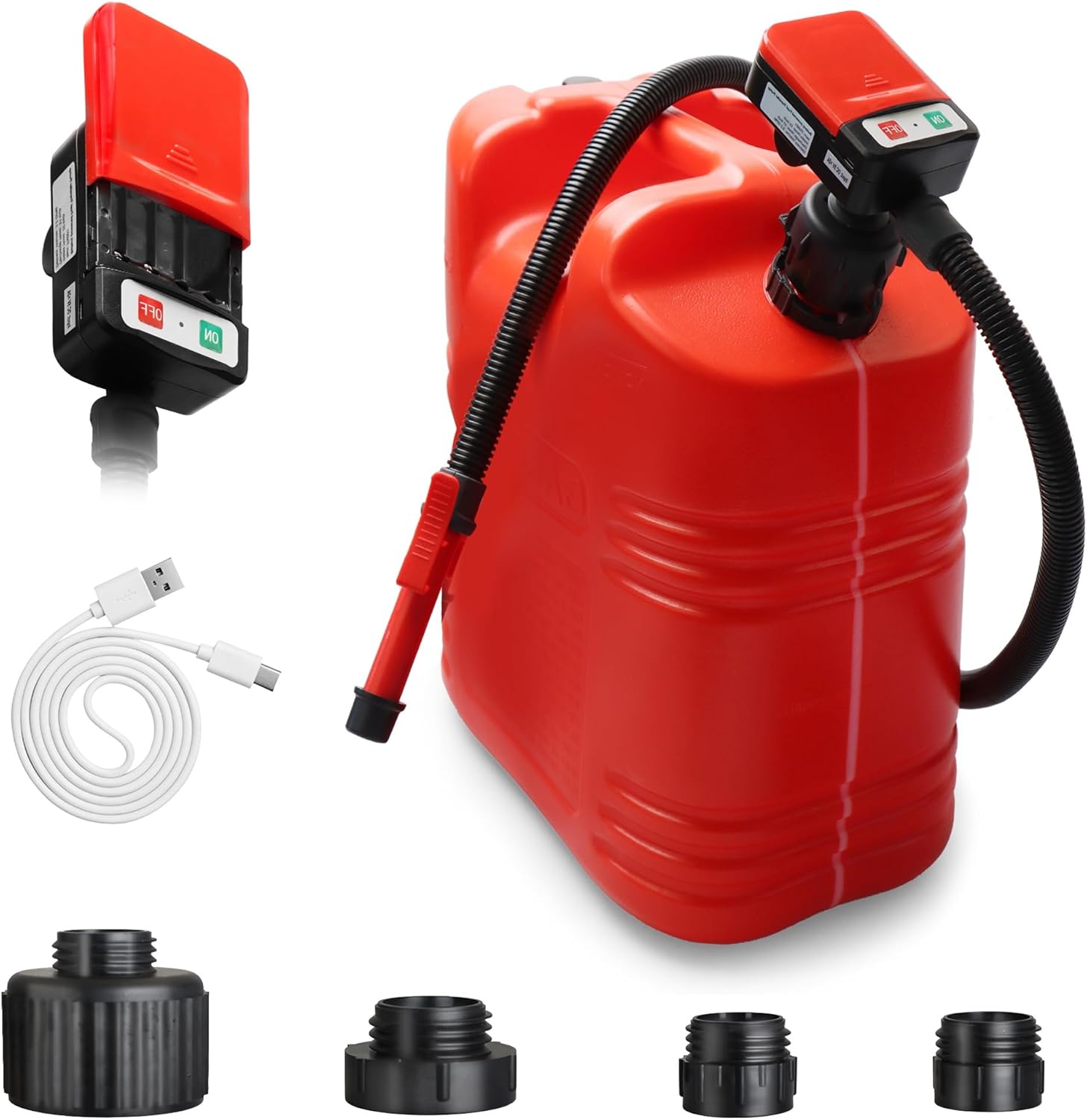 Fuel Transfer Pump Battery Powered: 4 Adapters for Most 5 Gallon Gas Can Jug Tank, 51 Inch Long Hose, Hand Control Nozzle - Electric Gas Transfer Pump