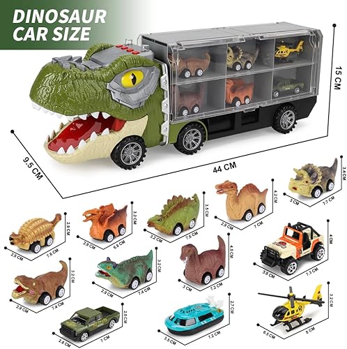 Miniatura 4 de NAYAB Camión de dinosaurio para niños, con 12 vehículos de dinosaurio de tracción hacia atrás, helicóptero, con música y sonido rugiente, luces