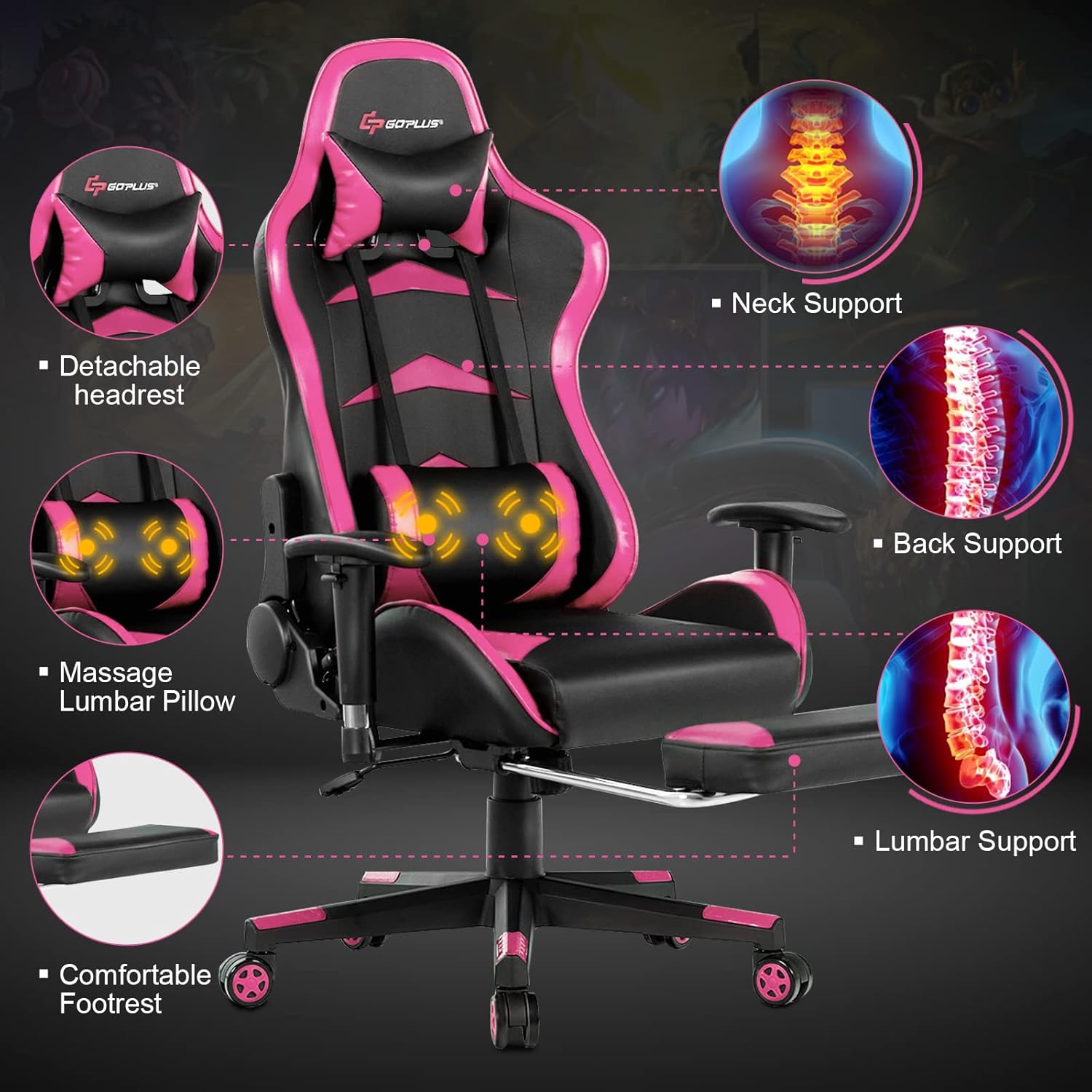 GORELAX Massage Gaming Chair, Reclining Computer Chair w/Lumbar Support, Adjustable Arms, Footrest, High Back Racing Style Ergonomic Home Office Chair for Heavy People (Pink)