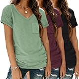 3 Pack Womens V Neck T Shirts Short Sleeve Tees Lightweight Summer Tops with Pocket