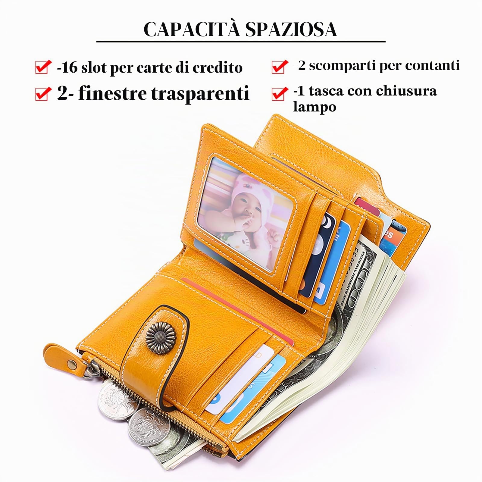 SENDEFN Portafoglio Donna Pelle con Bloccaggio RFID Piccolo Portamonete Donna, 10 Scomparti per Carte con 2 Finestra di Identificazione e 1 Tasca con Cerniera