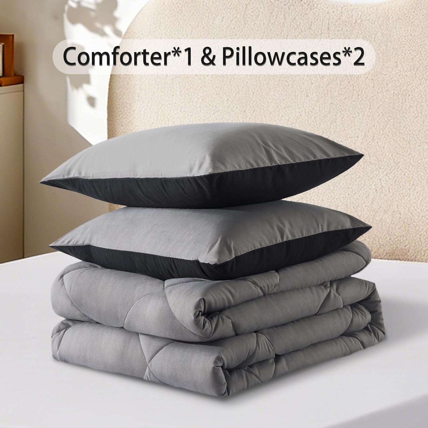 3-Piece King Comforter Set,All-Season,Soft & Hypoallergenic &Breathable Bedding,Polyester Quilted,Down Alternative(Comforter*1 & Pillowcases*2),Black/Dark Gray