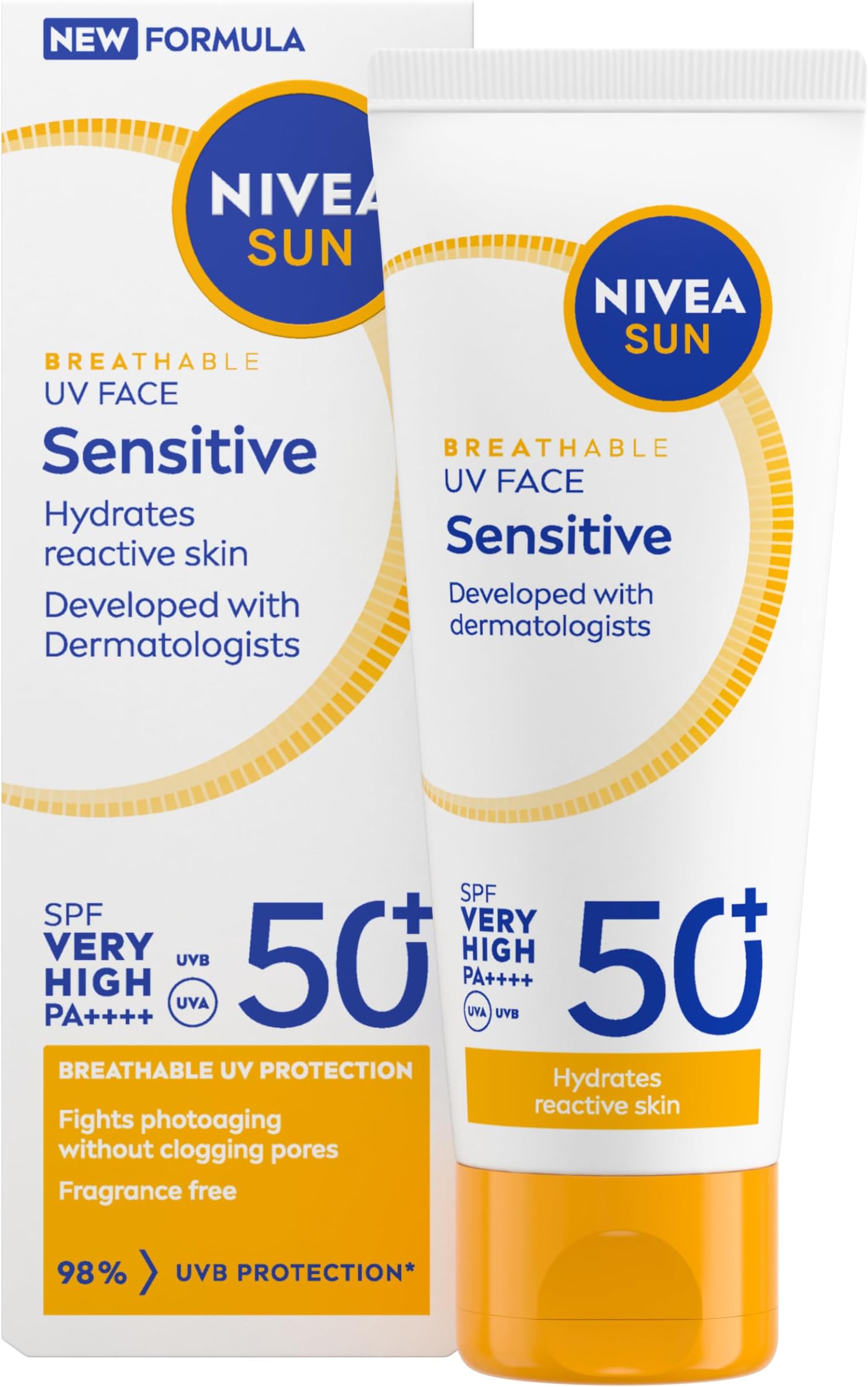 NIVEA SUN Breathable UV Face Sensitive SPF 50+ (40ml), Face Sunscreen For Sensitive Skin, Prevents Sun Allergies and Irritations, Fragrance-Free and Non-Comedogenic Formula