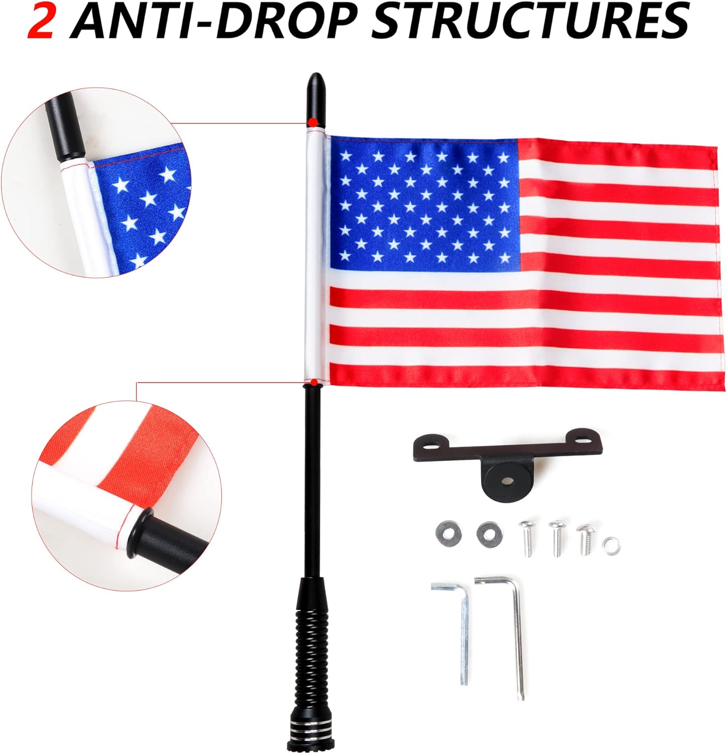 Flag with Pole and Mount Holder for 2021 2022 2023 2024 2025 2026 Ford Bronco 2/4 Door Accessories Whip Flag Bracket Hood Trail Sights Side Release Handle Mounting 360° Adjustable Aluminum