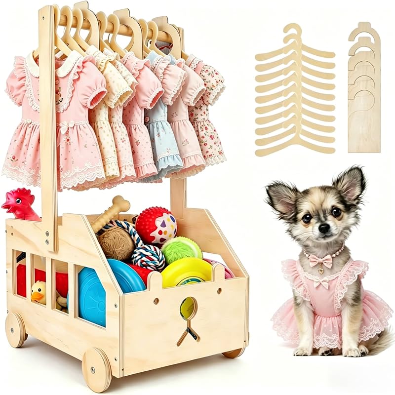 Organizador de Roupas e Acessórios para Cães Pequenos em Madeira Dmnnlp com Rodízios, 10 Cabides e Etiquetas