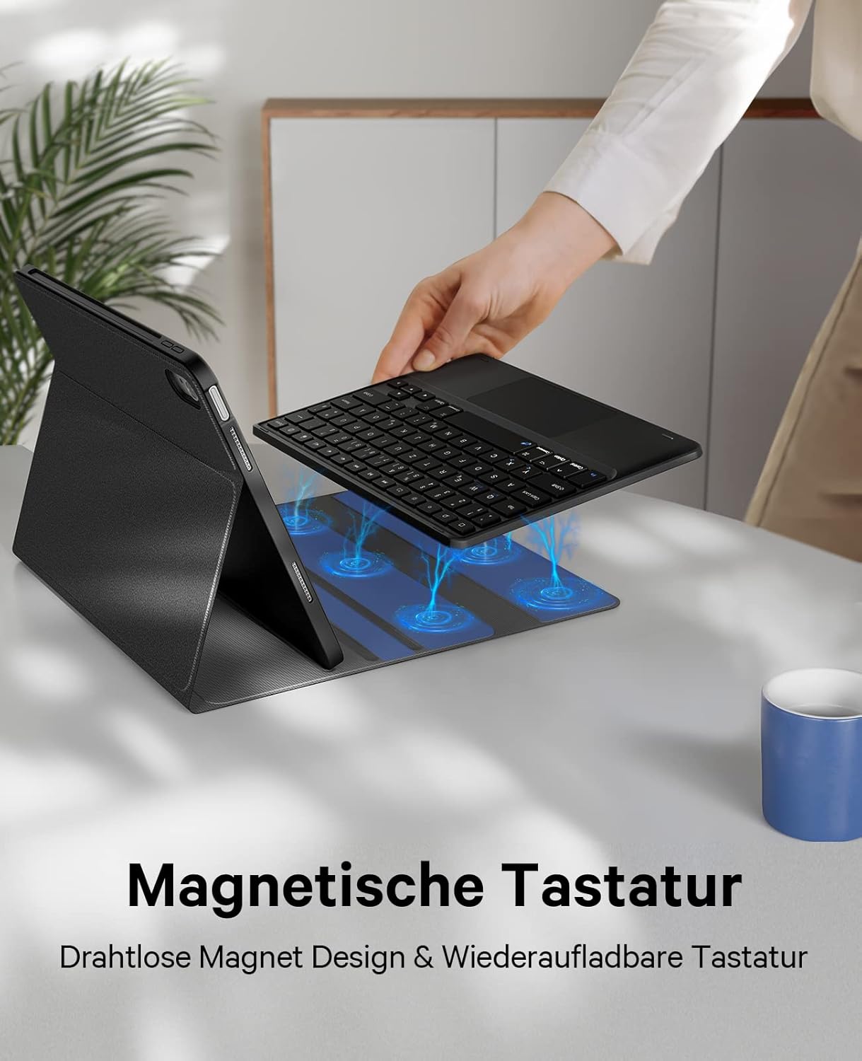Image showing the magnetic keyboard being detached from the case, with blue magnetic fields illustrated.