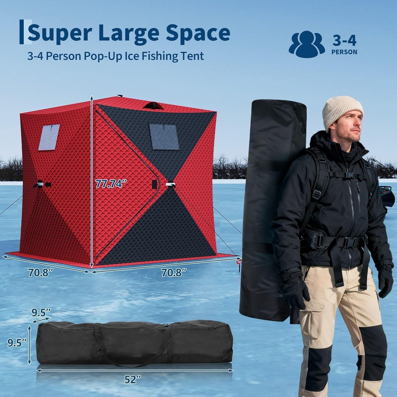 pop up ice fishing tent insulated, hub-style portable ice fishing shelter with 49 ft led light strip & carrying bag, windproof design, red & black