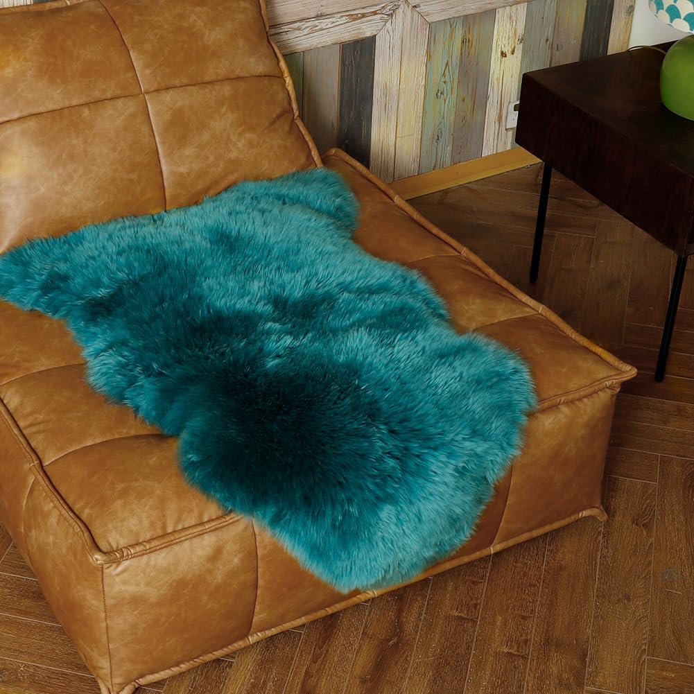 IRIWOOL Premium Genuine Fur Sheepskin Rug Real Australia Sheepskin Natural Luxury Fluffy Lambskin Fur Area Rug Seat Covers for Kids Bedroom Sofa Chair Cover (Dark Aquamarine, Single Pelt/2ft x 3ft) image 4
