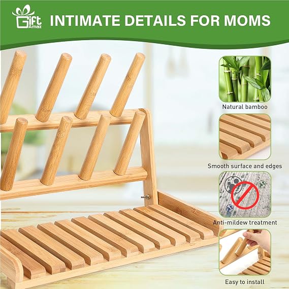 GiftAmaz Bamboo Baby Bottle Drying Rack, Space Saving Countertop Bottle Holder Portable Dryer Rack Organizer for Baby Bottles, Cups, Pacifiers and Accessories, Birthday Box for Women Mother Mom