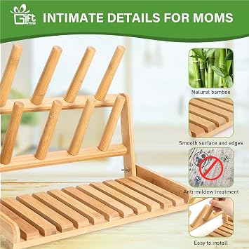 GiftAmaz Bamboo Baby Bottle Drying Rack, Space Saving Countertop Bottle Holder Portable Dryer Rack Organizer for Baby Bottles, Cups, Pacifiers and Accessories, Birthday Box for Women Mother Mom