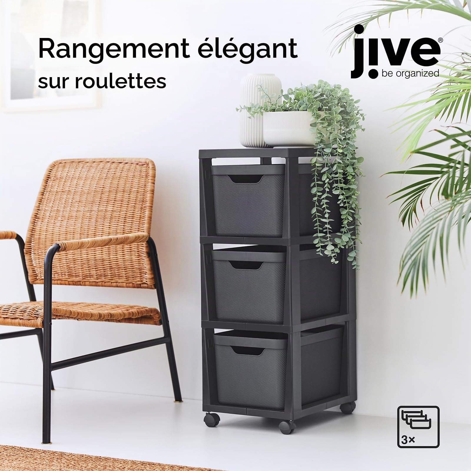 Rotho Jive meuble de rangement à 3 boîtes de rangement 3 x 16 L mobile noir