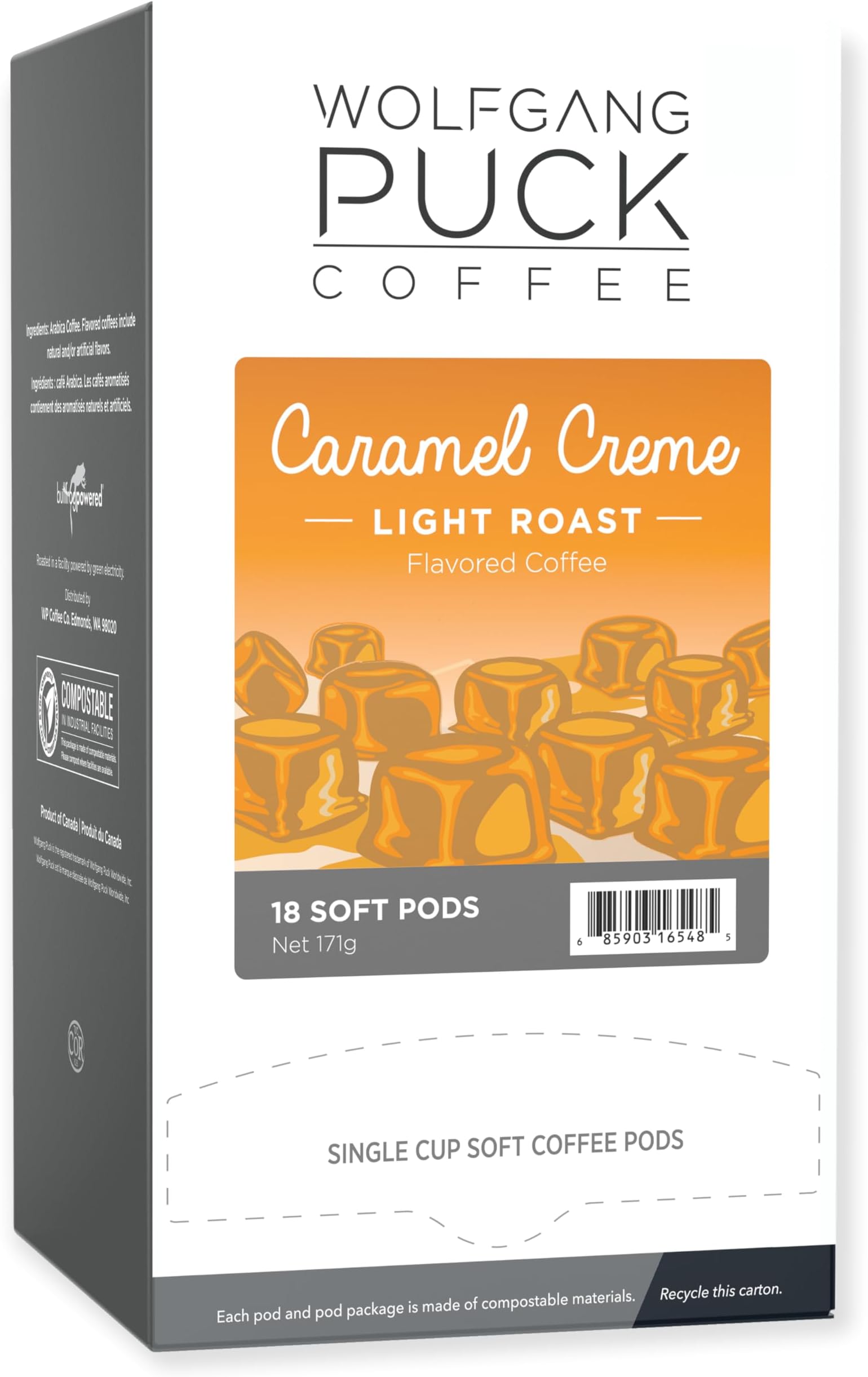 Wolfgang Puck Coffee Soft Coffee Pods, Gram Coffee, 9.5 Gram, Caramel Cream 18 Count