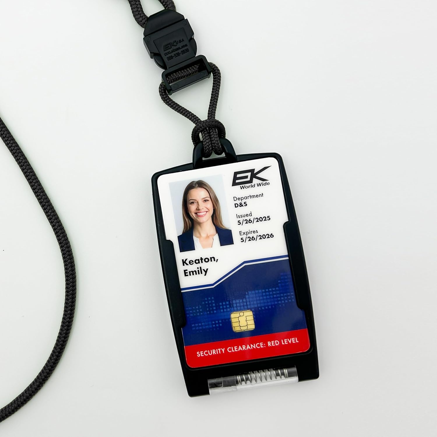 EK World Wide FIPS‑201 One Hander ID Card Holder with Detachable Breakaway Lanyard – Secure Flip‑Open Badge Holder for CAC/TWIC Smart Cards, Holds Two Cards (C20 Black)