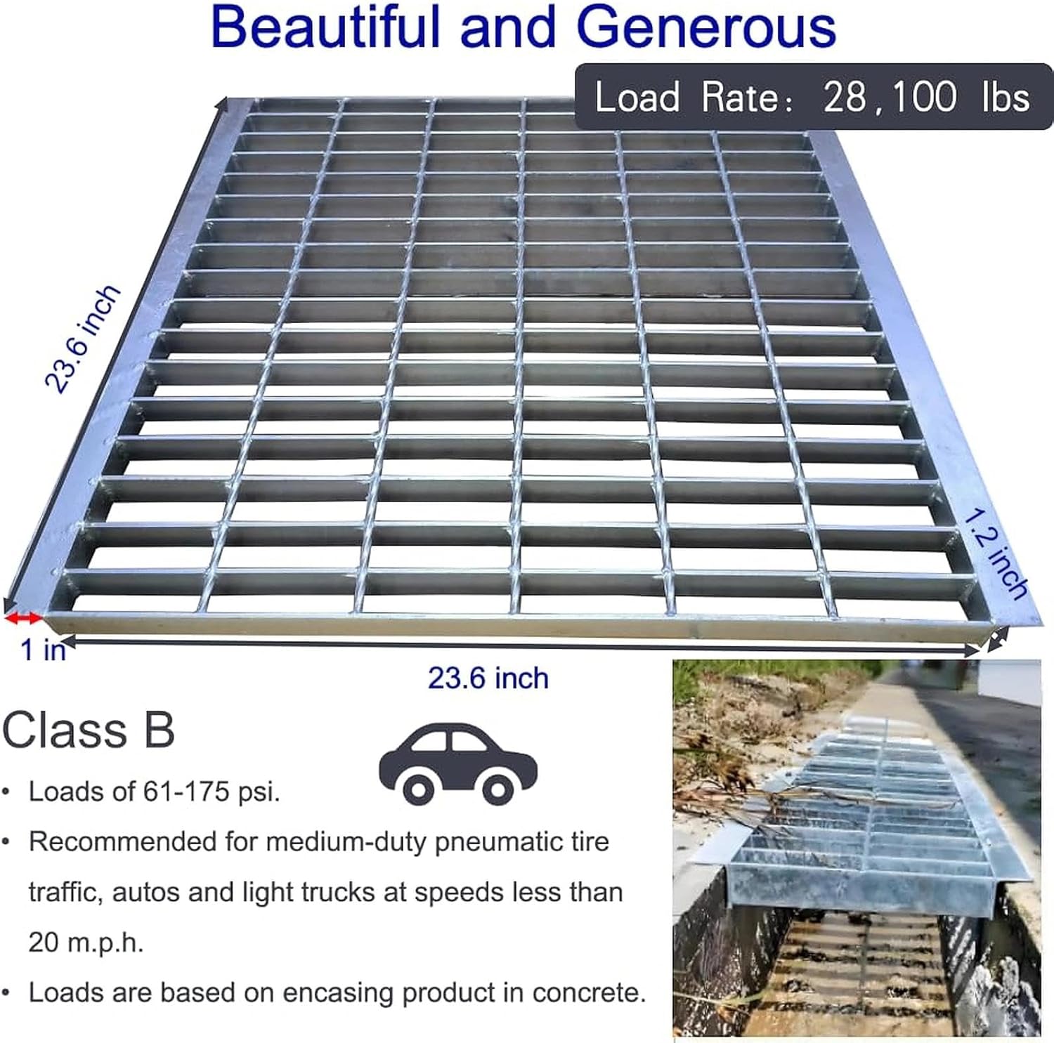 Galvanized Steel Drain Grate with Lip 24x24 in, B-Class 28100 lbs Heavy-Duty Driveway Channel Cover w/Base, Outdoor Trench Drainage Grate, Silver Square Metal Sewer Cover for Garage