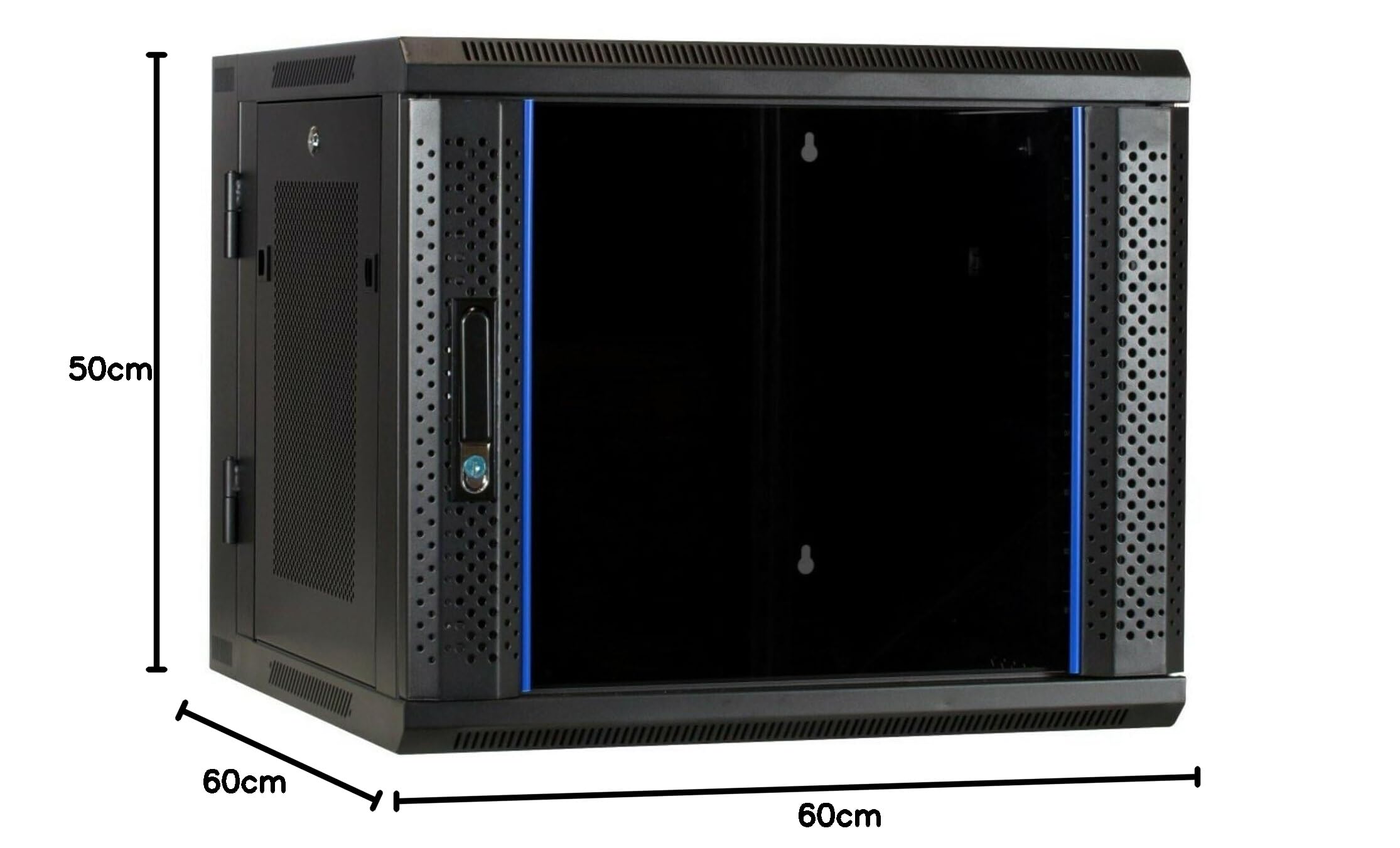9HE Netzwerkschrank (Serverschrank) 19 Zoll wendbares Wandgehäuse Glastür und perforierten Seitenwänden - (BxTxH) 600x600x501mm - Schwarz