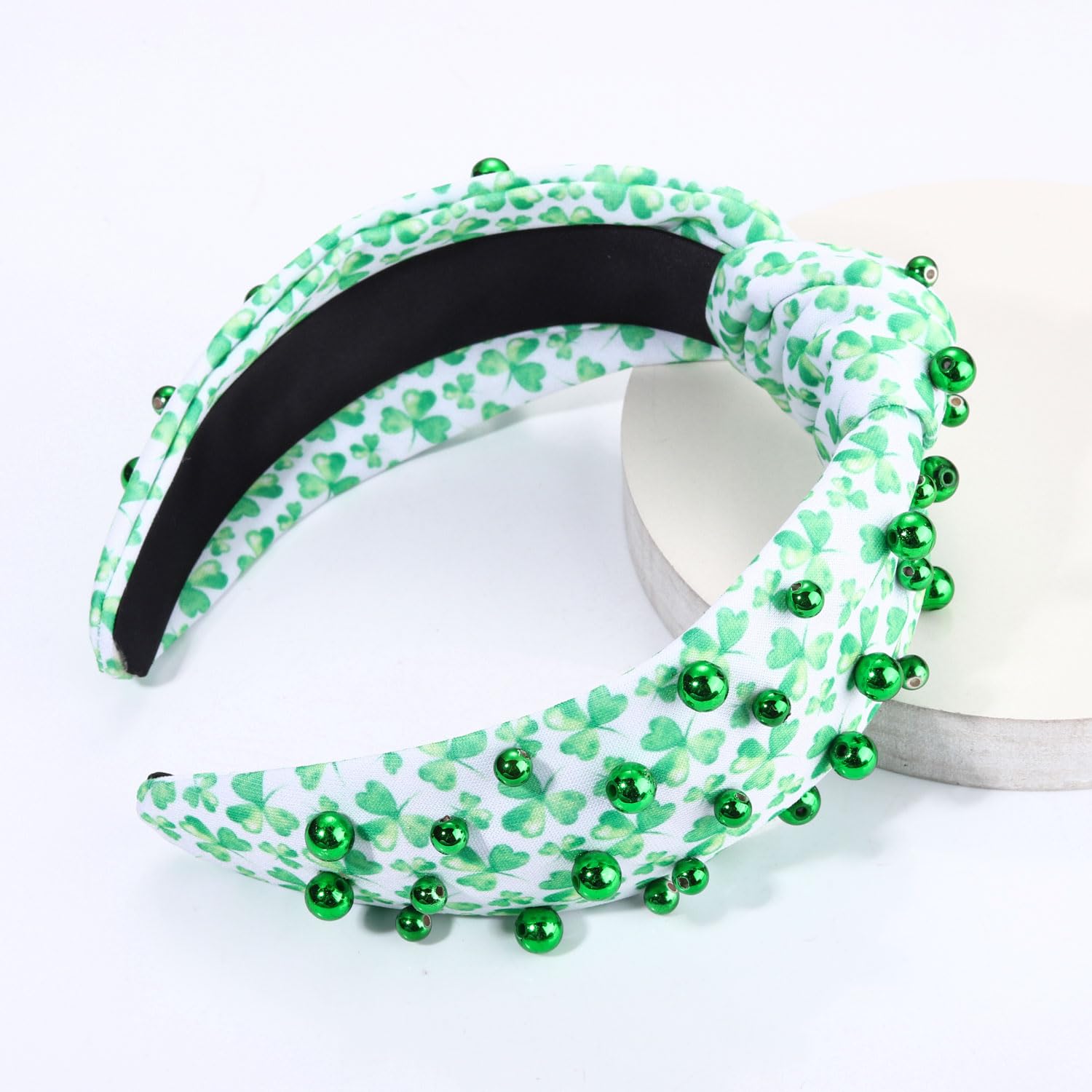 boderier St.patricks Day Headband Green Shamrock Headband Jeweled Beaded Knotted Holiday Party Accessories (Beaded Shamrock Pattern) - Image 3