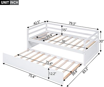 Wood Twin Size Daybed with Trundle Bed, Function Sofa Bed Daybed Frame with Backrest and Armrests, No Box Spring Needed (White-2K)