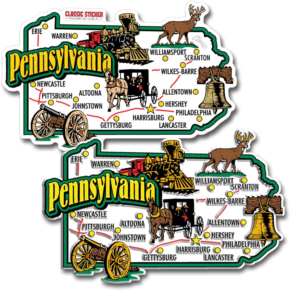 Pennsylvania Jumbo State 3D Magnet and Vinyl Sticker Two-Piece Set by Classic Magnets, 4.3" x 2.7", Collectible Colorful Souvenirs and Gifts Made in the USA