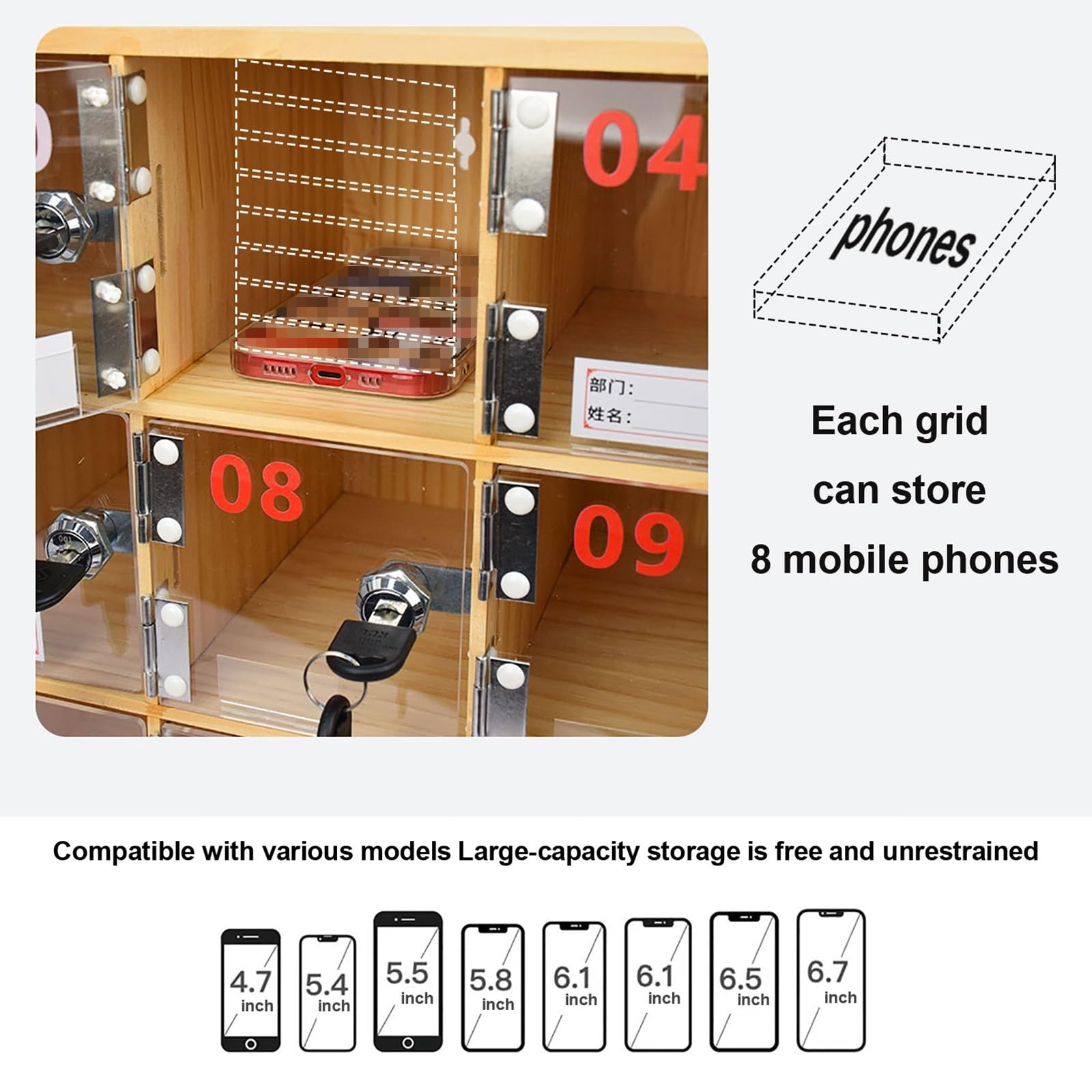Handy-Schließfach mit 20 Fächern, Handygarage, Durchsichtiger Handy-Aufbewahrungsschrank, Handy Safe mit Schlüsseln, Acryl-Telefonzelle for Klassenzimmer, Büro, Fabrik, Labor