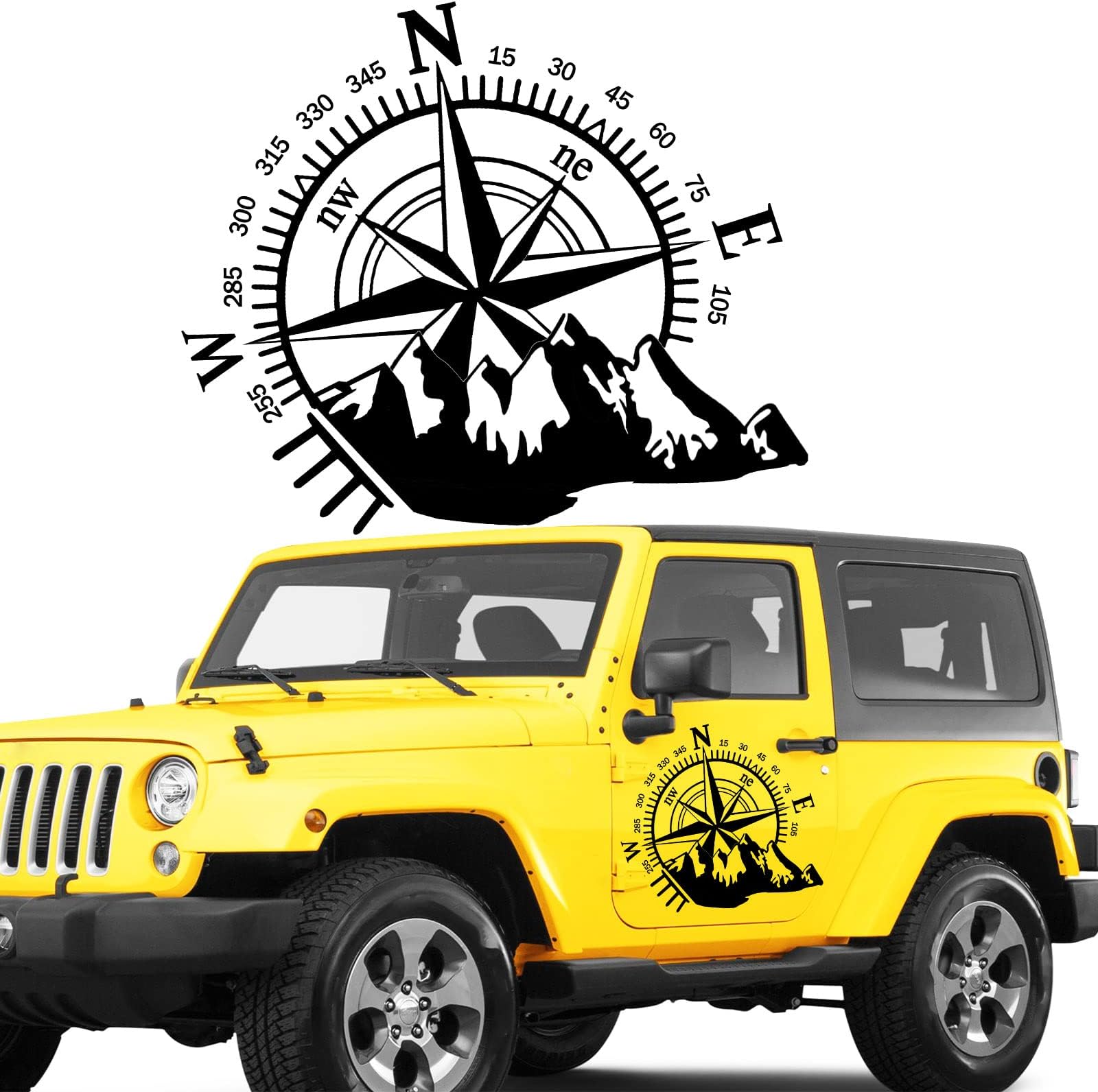 Compass With Mountain Hood Sticker - Waterproof Vinyl Car Side Decal and Graphic for RV, Truck, SUV Exterior Decoration - 1 PCS (Black)