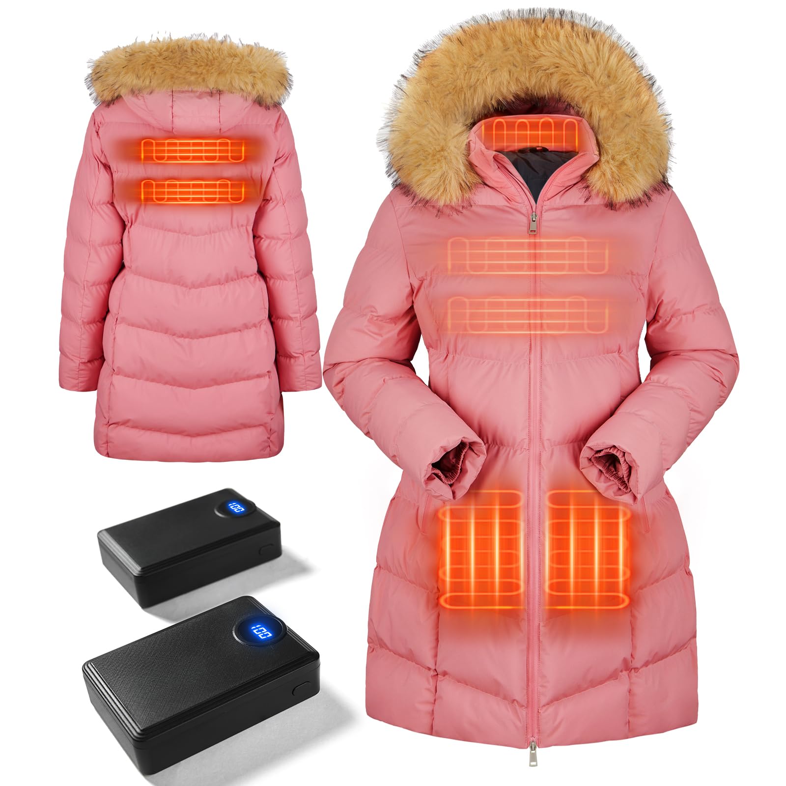 Heated Long Jackets for Women,2 PACKS 12000mAh Power Bank With 5 Heating Zones,Winter Warm Heated Coat Outdoor(L)