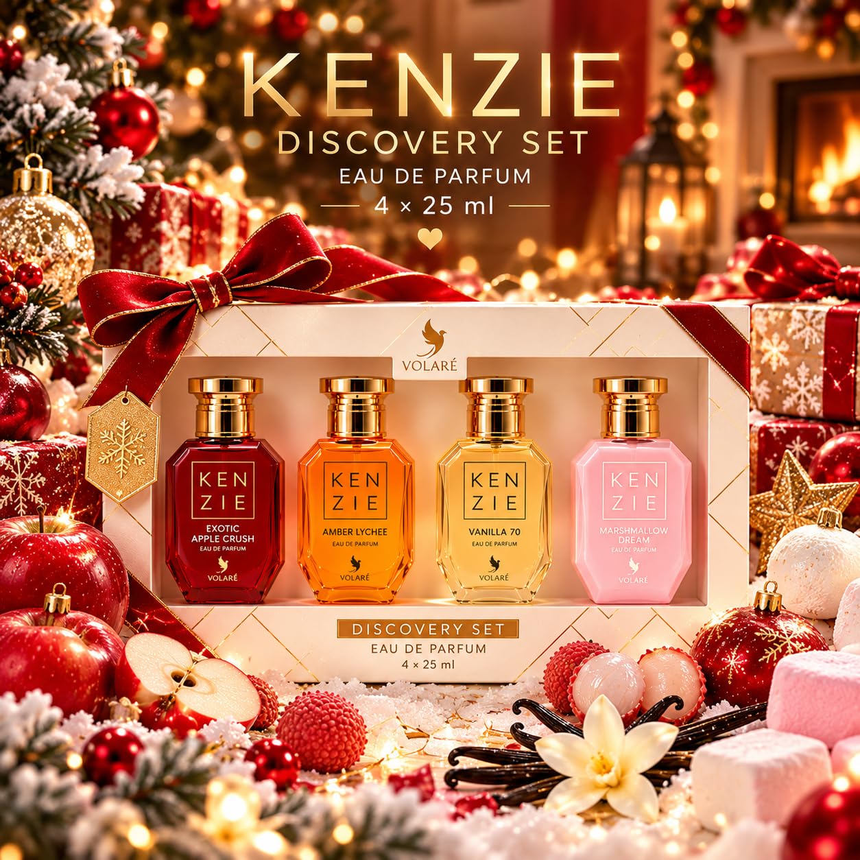Volaré Kenzie - Cofanetto Profumo Donna 4 x 25 ml - Eau de Parfum - Exotic Apple Crush, Amber Lychee, Vanilla 70 e Marshmallow Dream - Cofanetto Regalo Donna