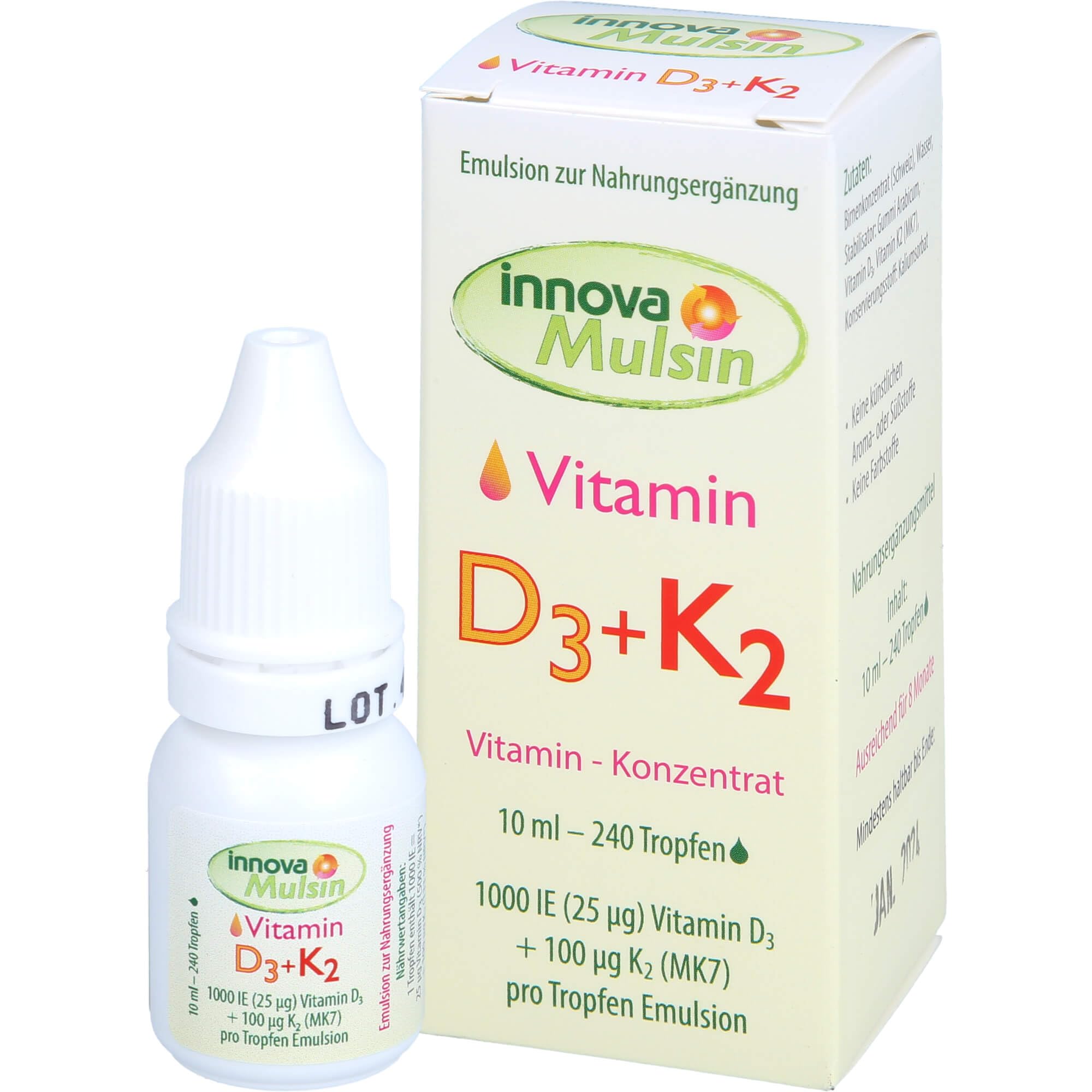 Vitamin D3 + K2 Tropfen | 100% Bioverfügbarkeit da Emulsion | ohne Farbstoffe | Deutschland