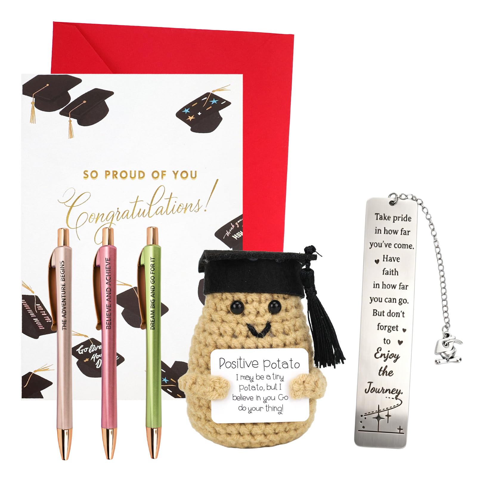 Graduation Gifts For Her Him, 6pcs Graduation Presents With Positive Potato Crochet Doll, Pens, Bookmark, Card, High School, University, Masters, Phd Graduation Gifts For Daughter Son Friend Women Men
