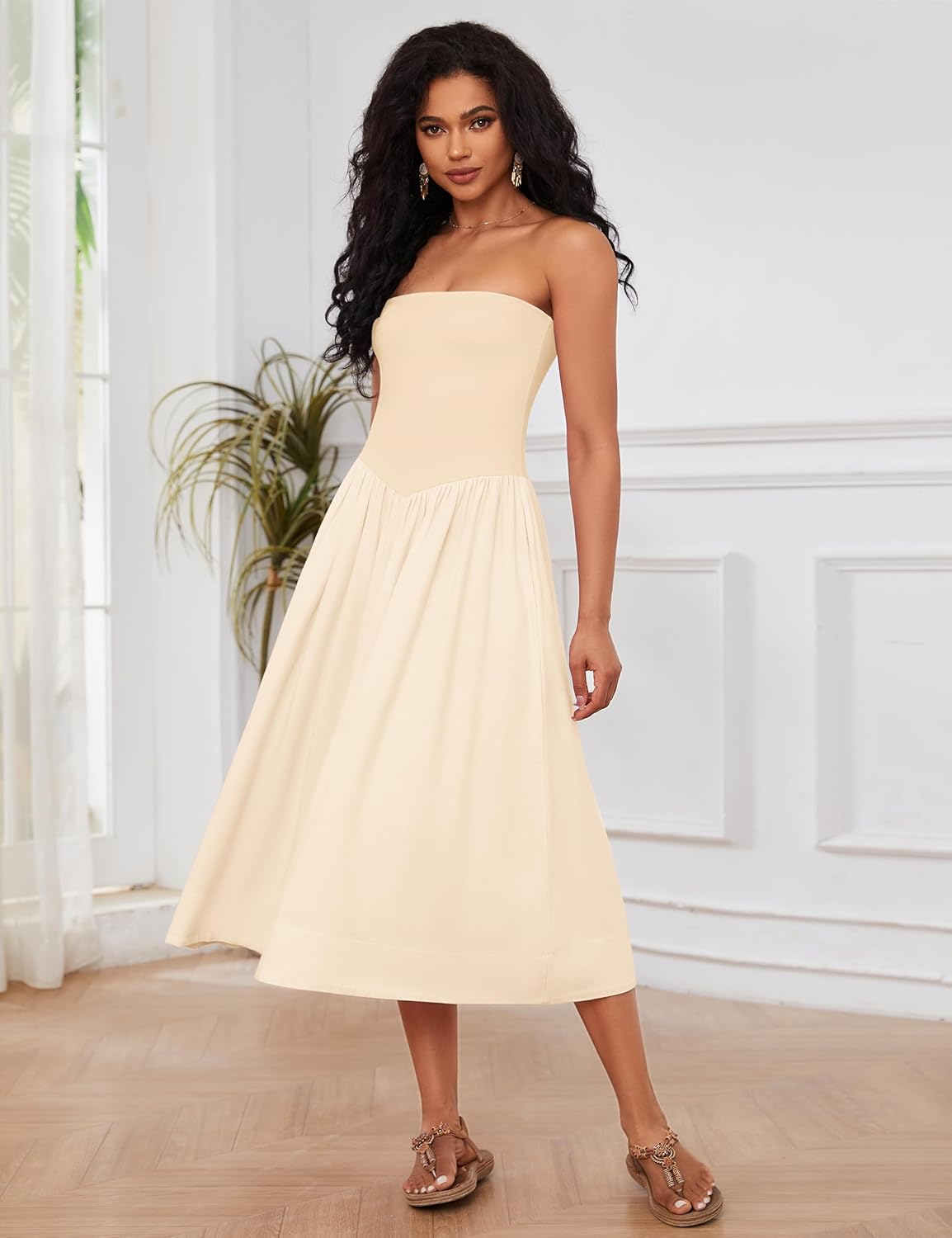 Livtany Women Off Shoulder Midi Dress Strapless Sleeveless Drop-Waist A Line Tube Dress Trendy Summer Swing Patchwork Dress - Image 3