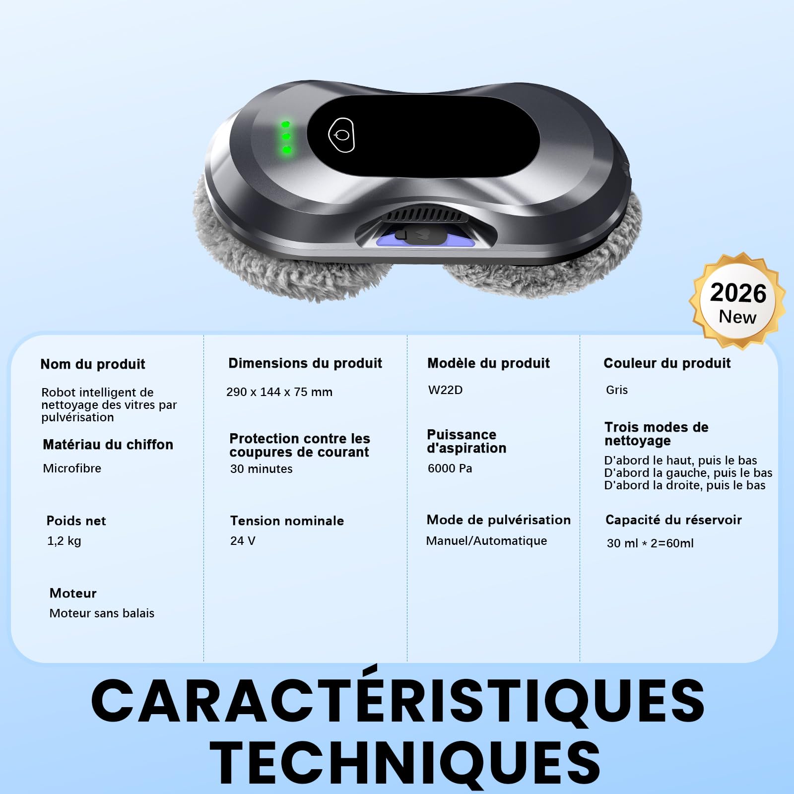 Robot Lave Vitres 2026 Version Améliorée, Puissance d'Aspiration 6000 Pa Double Buse, 3 Modes de Nettoyage, Planification de Trajet pour Entretien des Vitres & Surfaces Vitrées W22D