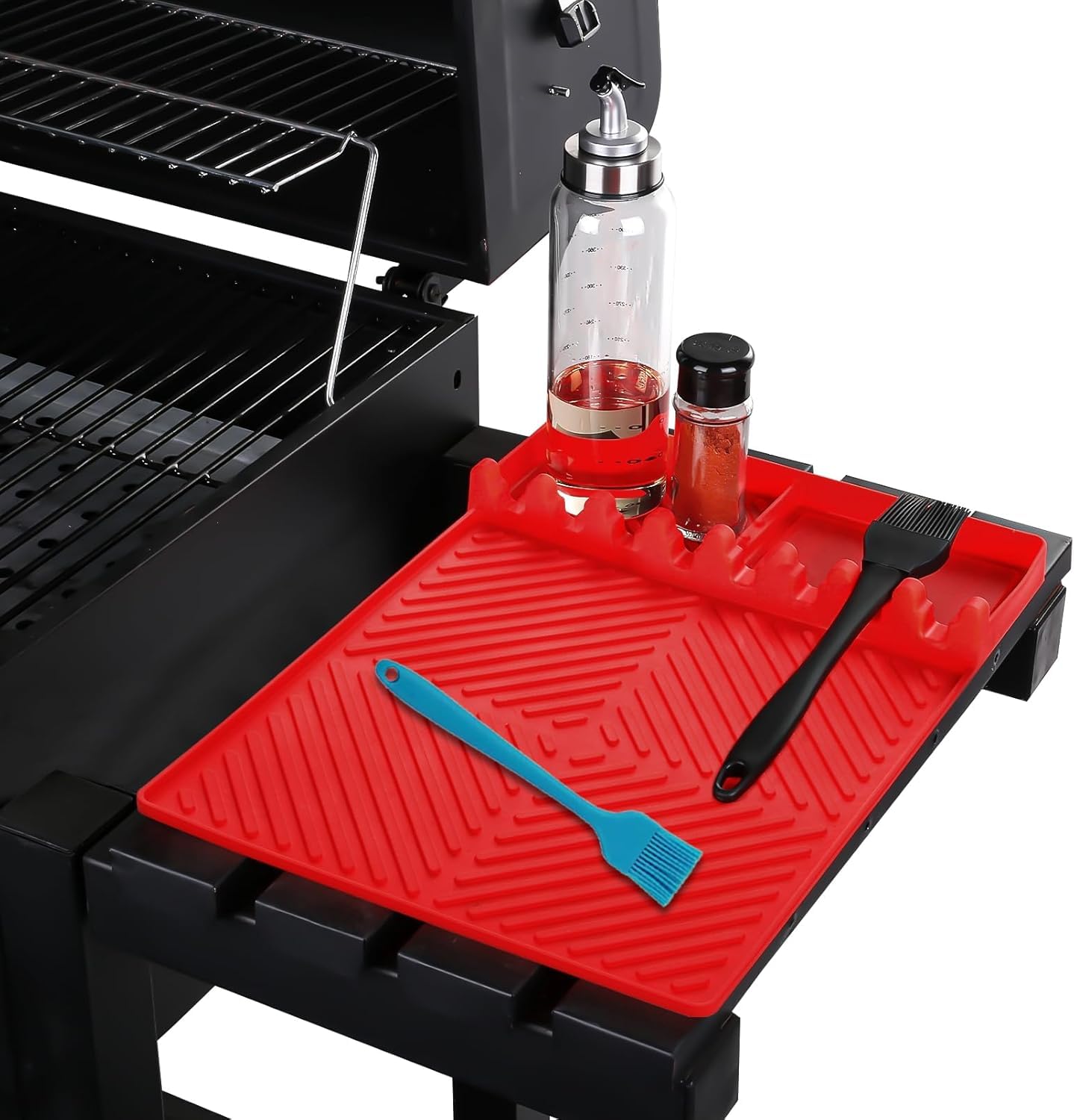 Silicone Griddle Tools Holder Mat Silicone Spatula Mat with Drip Pad, Grill BBQ Caddy Utensils Holder for Kitchen, Cooking & Countertop, Griddle Accessories (Red)-image-35