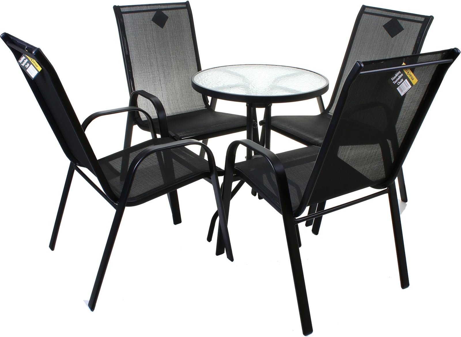 5 Piece Black Bistro Set Outdoor Garden Furniture Glass Table & High Back Chairs
